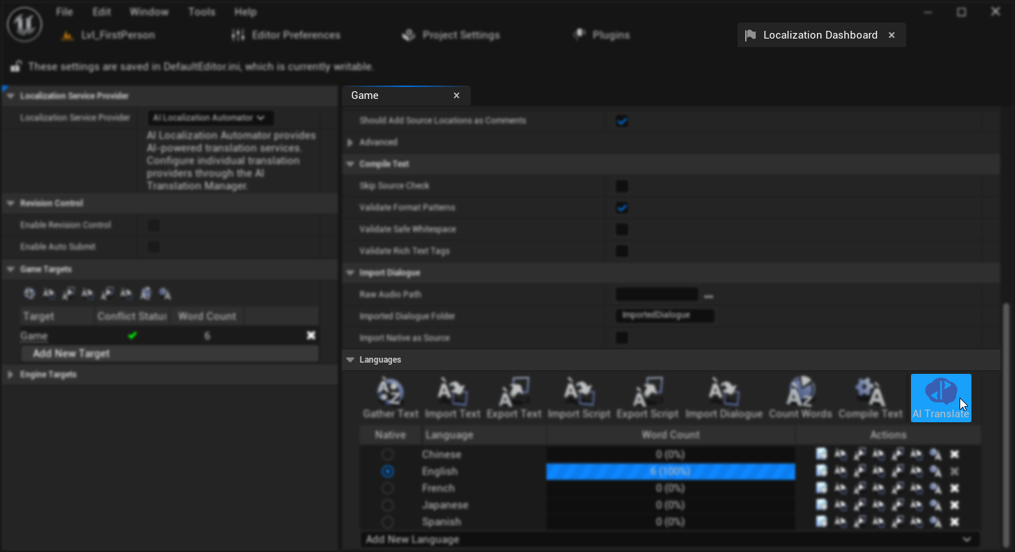 AI Translate button in Localization Dashboard