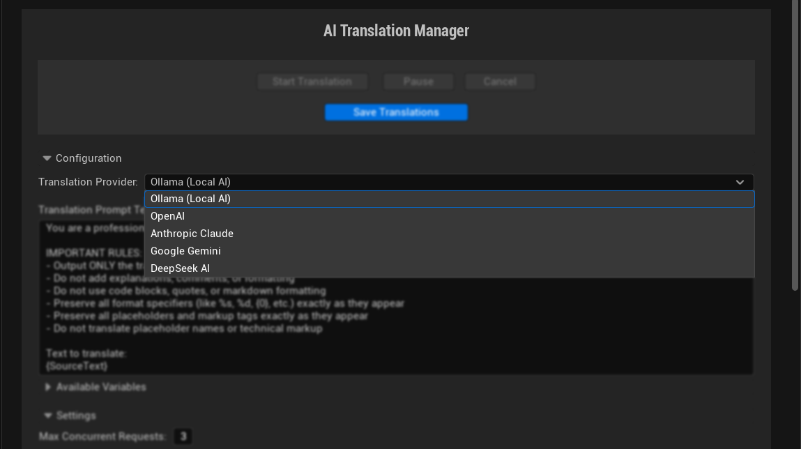 AI provider selection interface